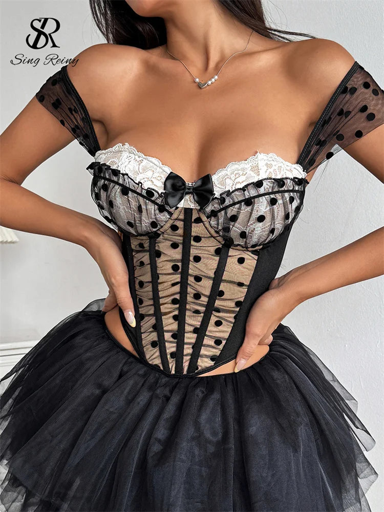 SINGREINY Polka-Dot Korsett Top – Rückenfreies Mesh-Top mit Spitze & Schleifen